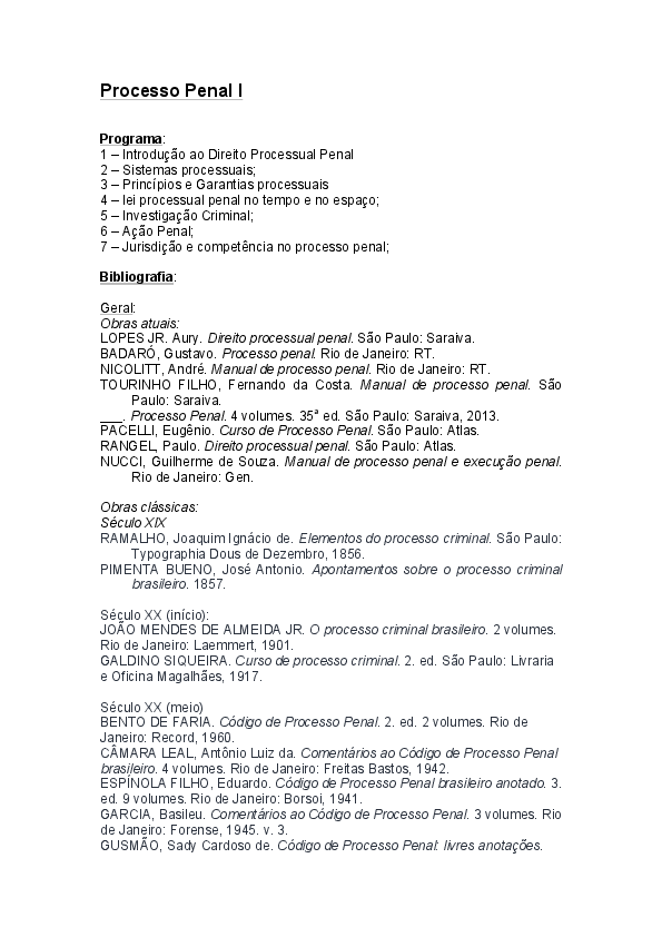 (PDF) Plano de Curso Processo Penal I UFRJ Antonio E R Santoro