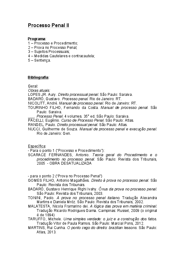 (PDF) Plano de Curso de Processo Penal II UFRJ Antonio E R Santoro