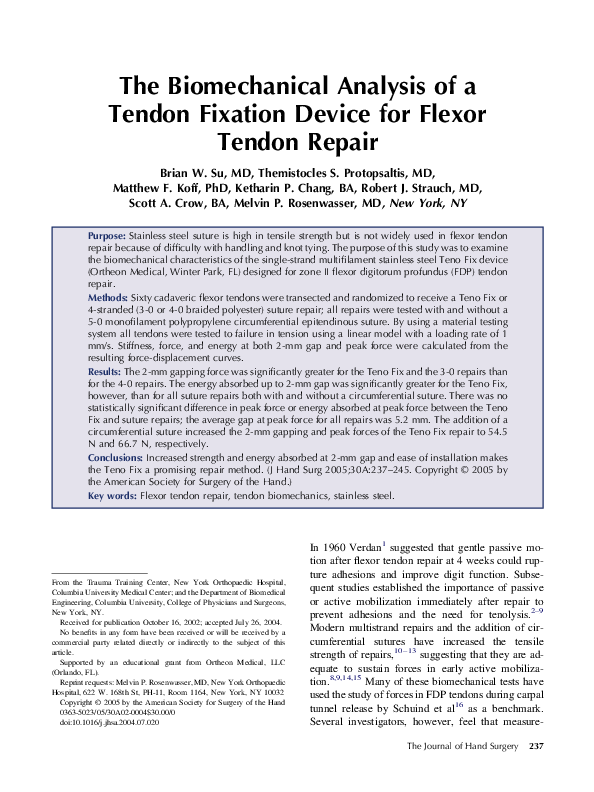 (PDF) The biomechanical analysis of a tendon fixation device for flexor ...