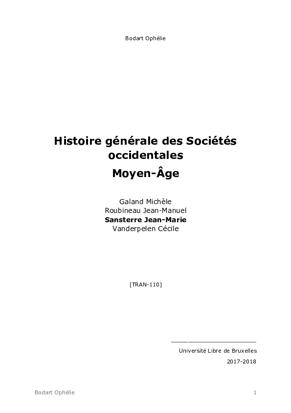 Histoire générale des Sociétés occidentales Moyen-Âge