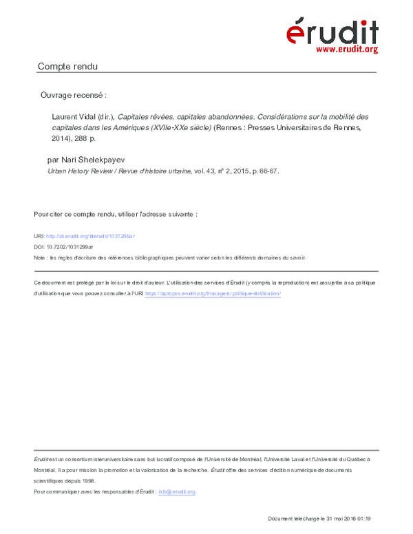 Review of  Laurent Vidal (dir.), Capitales rêvées, capitales abandonnées, Presses Universitaires de Rennes, 2014.