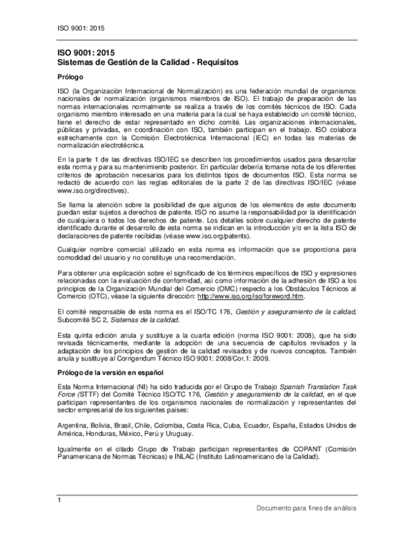 (PDF) ISO 9001: 2015 Sistemas de Gestión de la Calidad -Requisitos