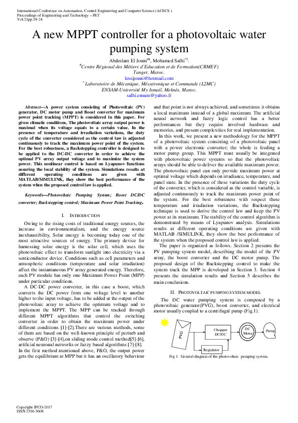 (PDF) A new MPPT controller for a photovoltaic water pumping system