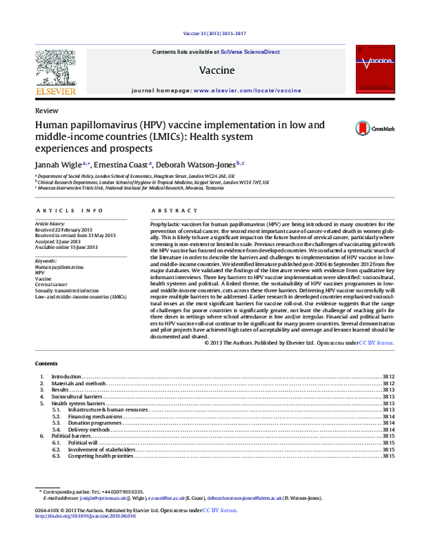 (PDF) Human papillomavirus (HPV) vaccine implementation in low and ...