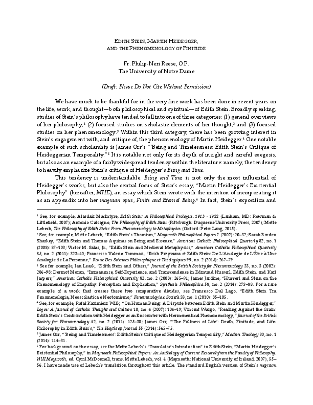 (PDF) Edith Stein, Martin Heidegger, and the Phenomenology of Finitude