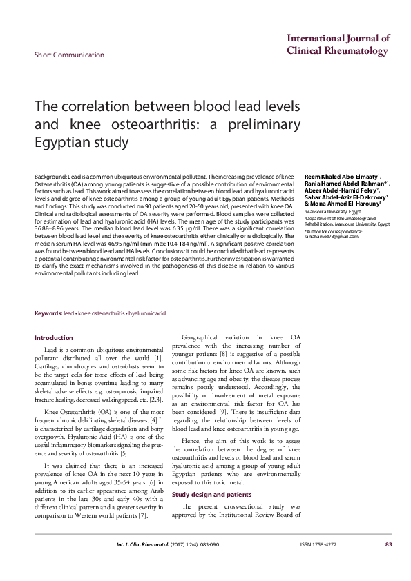 (PDF) The correlation between blood lead levels and knee osteoarthritis ...