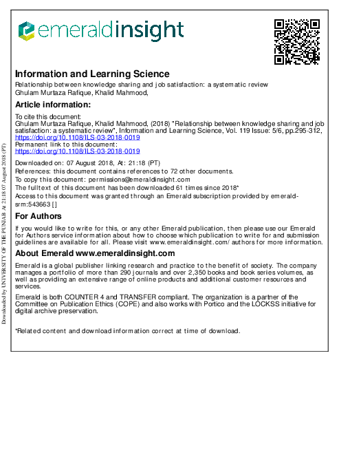 (PDF) Relationship between knowledge sharing and job satisfaction: a ...