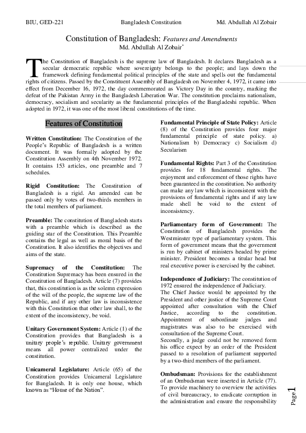 (PDF) Bangladesh Constitution Features and Amendments