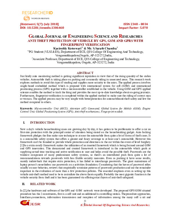Doc Anti Theft Protection Of Vehicle By Gps Gsm And Gprs With Fingerprint Verification Gjesr Journal And Sarath Chandra S Academia Edu