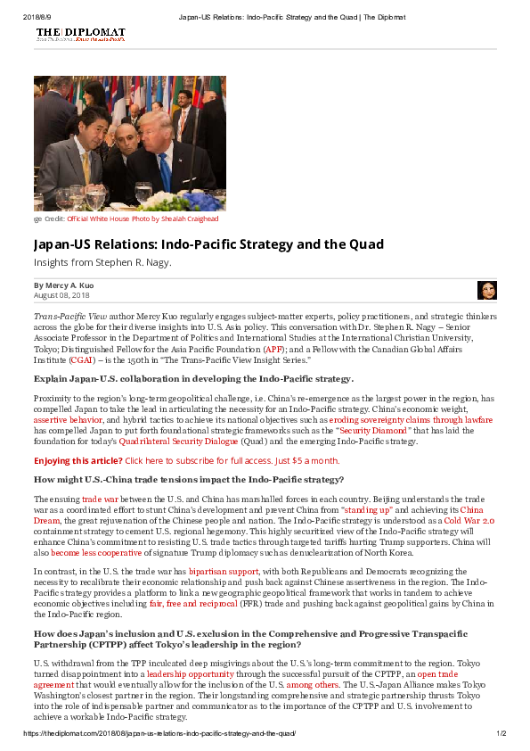 Pdf Japan Us Relations Indo Pacific Strategy And The Quad The Diplomat Pdf Stephen R Nagy Academia Edu