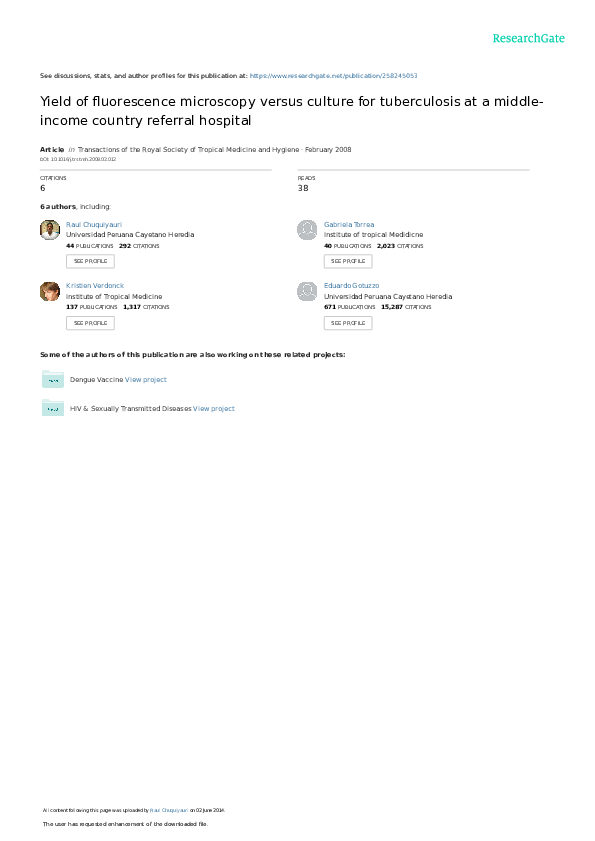 (PDF) Yield of fluorescence microscopy versus culture for tuberculosis at a