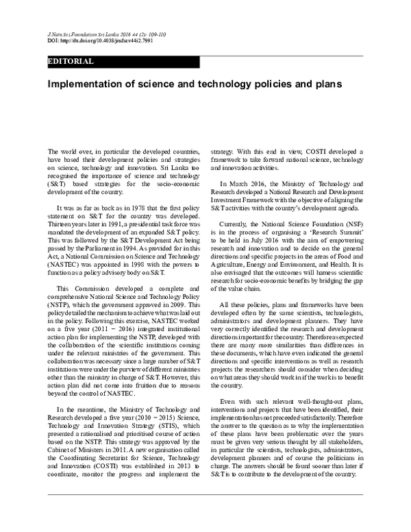 (PDF) Implementation of science and technology policies and plans