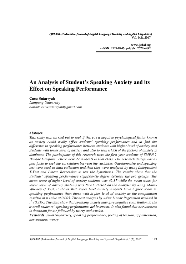 (PDF) An Analysis of Student's Speaking Anxiety and its Effect on ...