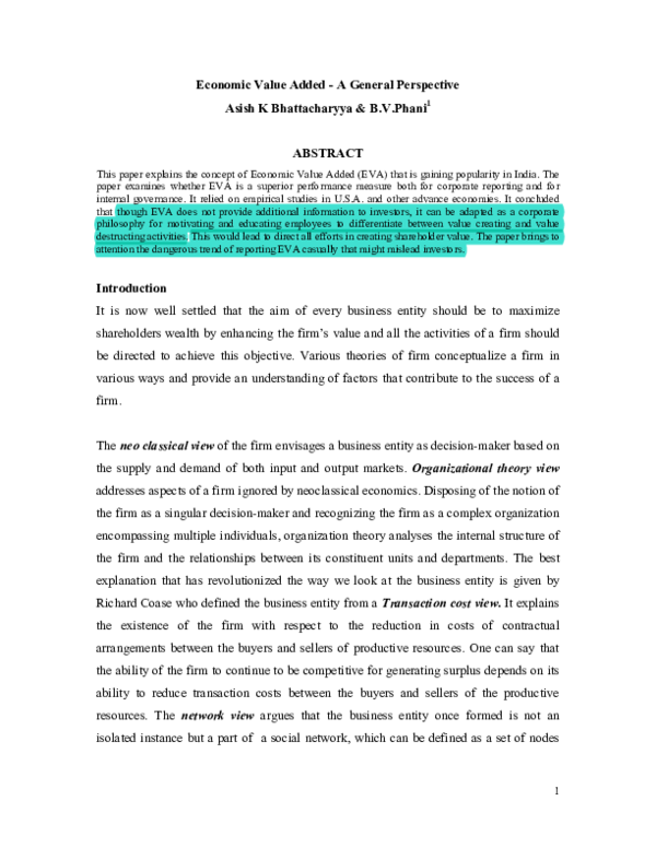 (PDF) Economic Value Added -A General Perspective