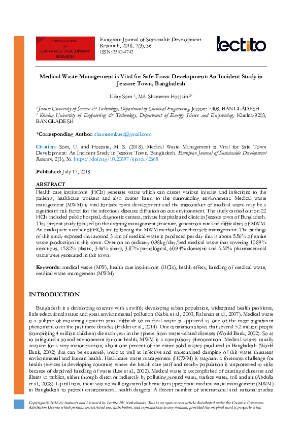 (PDF) Medical Waste Management is Vital for Safe Town Development An