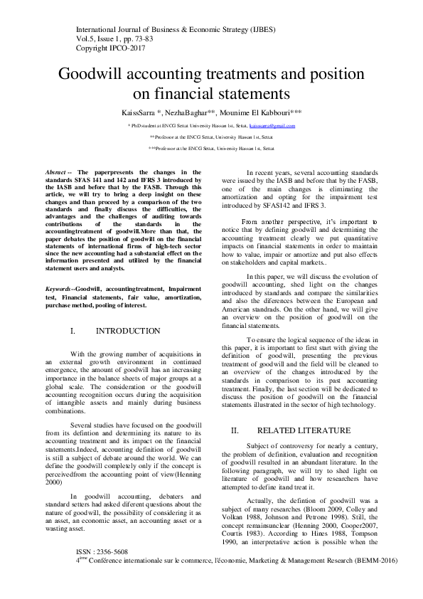 (PDF) Goodwill accounting treatments and position on financial