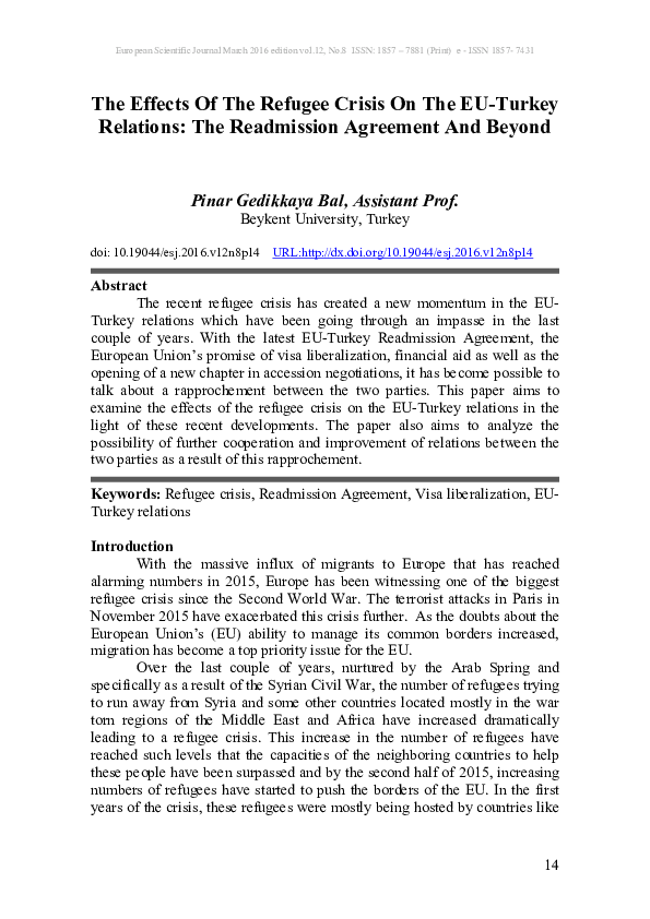 (PDF) THE EFFECTS OF THE REFUGEE CRISIS ON THE EUTURKEY RELATIONS The