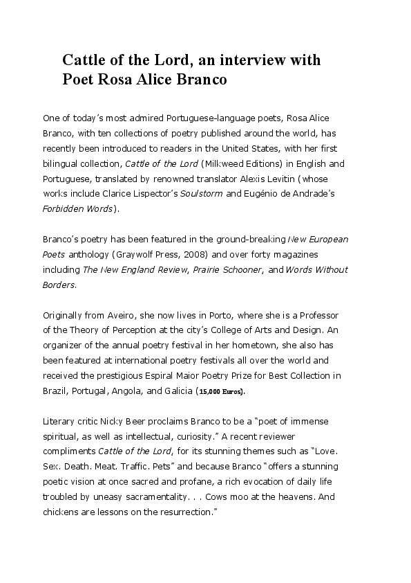 Doc Cattle Of The Lord An Interview With Poet Rosa Alice Branco Millicent Borges Accardi Academia Edu