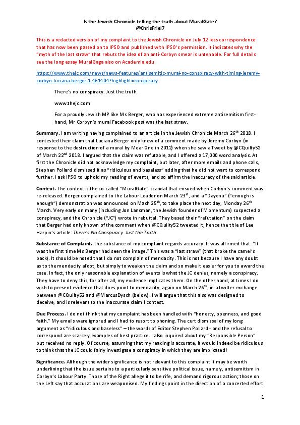 Has the Jewish Chronicle been telling the truth about Muralgate?