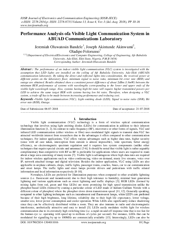 (PDF) Performance Analysis ofa Visible Light Communication System in ...