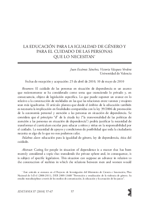 (PDF) La educación para la igualdad de género y para el cuidado de las ...
