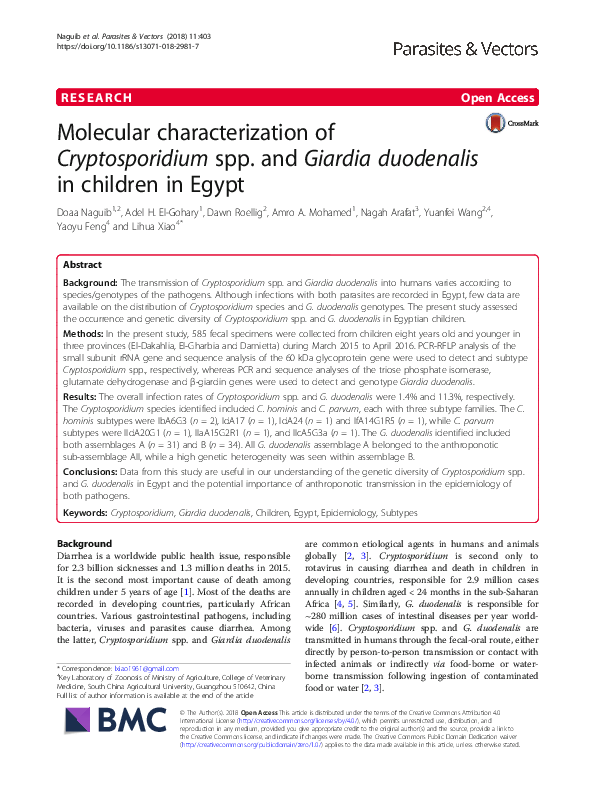 (PDF) Molecular characterization of Cryptosporidium spp. and Giardia ...