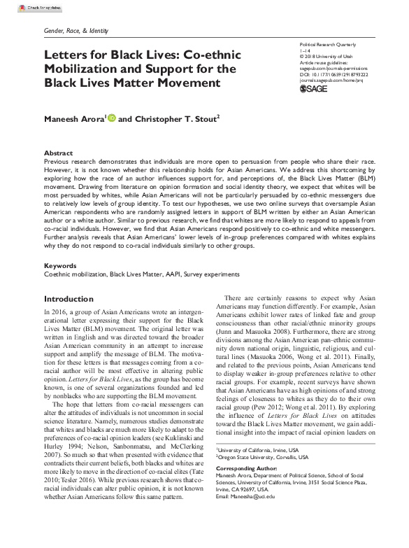 (PDF) Letters for Black Lives: Co-ethnic Mobilization and Support for ...
