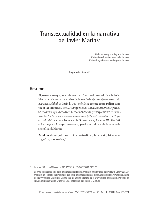 (PDF) Transtextuality in the narrative of Javier Marías