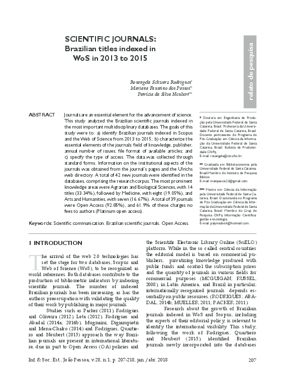 (PDF) SCIENTIFIC JOURNALS Brazilian titles indexed in WoS in 2013 to