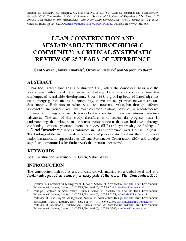 (PDF) LEAN CONSTRUCTION AND SUSTAINABILITY THROUGH IGLC COMMUNITY: A ...
