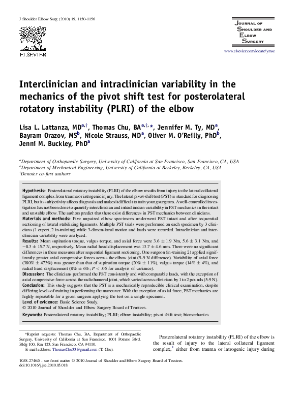 (PDF) Interclinician and intraclinician variability in the mechanics of the pivot shift test for