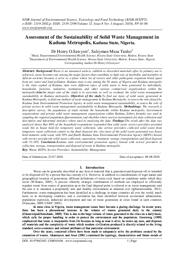 (PDF) Assessment of the Sustainability of Solid Waste Management in ...