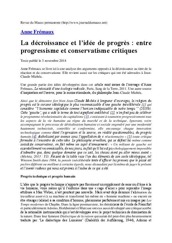 (PDF) La décroissance et l’idée de progrès : entre progressisme et ...
