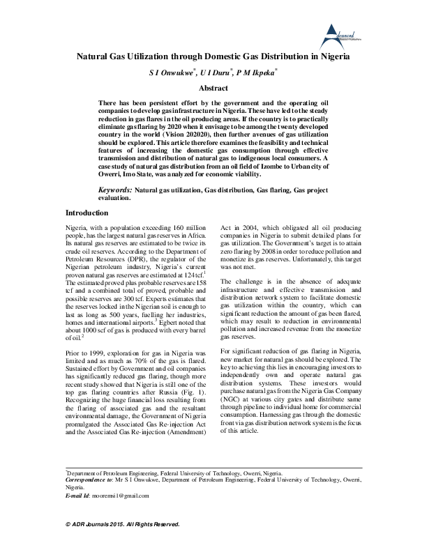 (PDF) Natural Gas Utilization through Domestic Gas Distribution in Nigeria Ikpeka Princewill