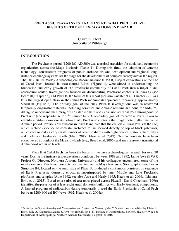 Preclassic Plaza Investigations at Cahal Pech, Belize: Results of the 2017 Excavations in Plaza B