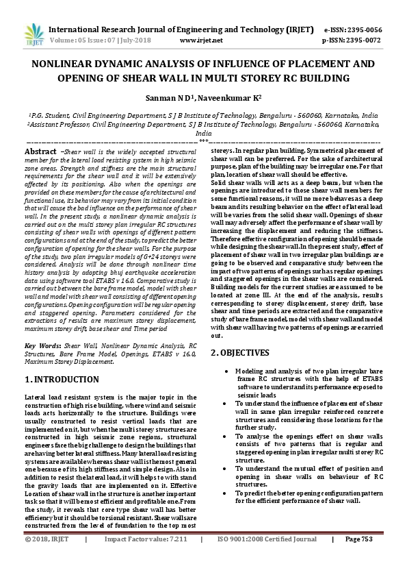 (PDF) IRJET- NONLINEAR DYNAMIC ANALYSIS OF INFLUENCE OF PLACEMENT AND ...