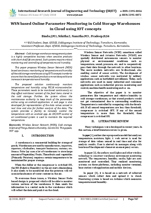 (PDF) IRJET WSN based Online Parameter Monitoring in Cold Storage