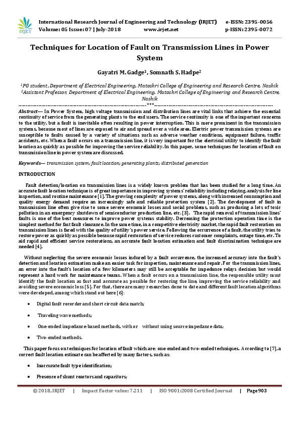 (PDF) Techniques for Location of Fault on Transmission Lines in Power ...