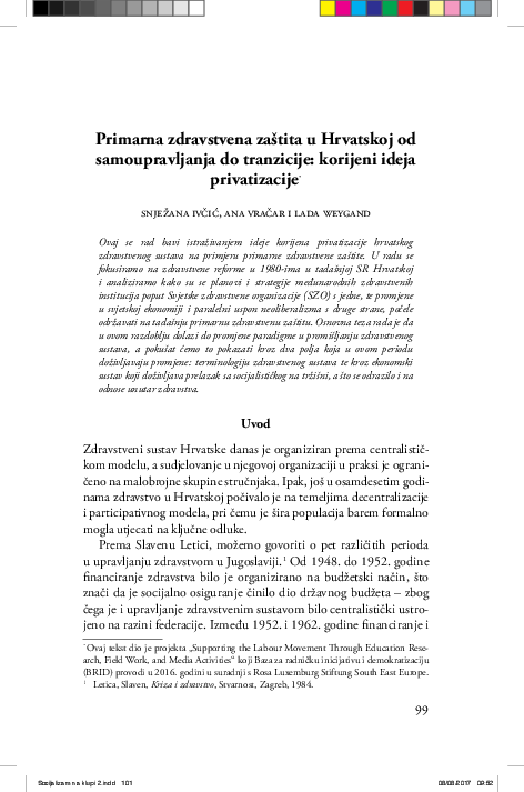 First page of “Primarna zdravstvena zaštita u Hrvatskoj od samoupravljanja do tranzicije: korijeni ideja privatizacije”