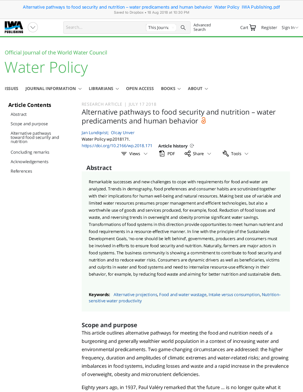 (PDF) Alternative pathways to food security and nutrition – water ...