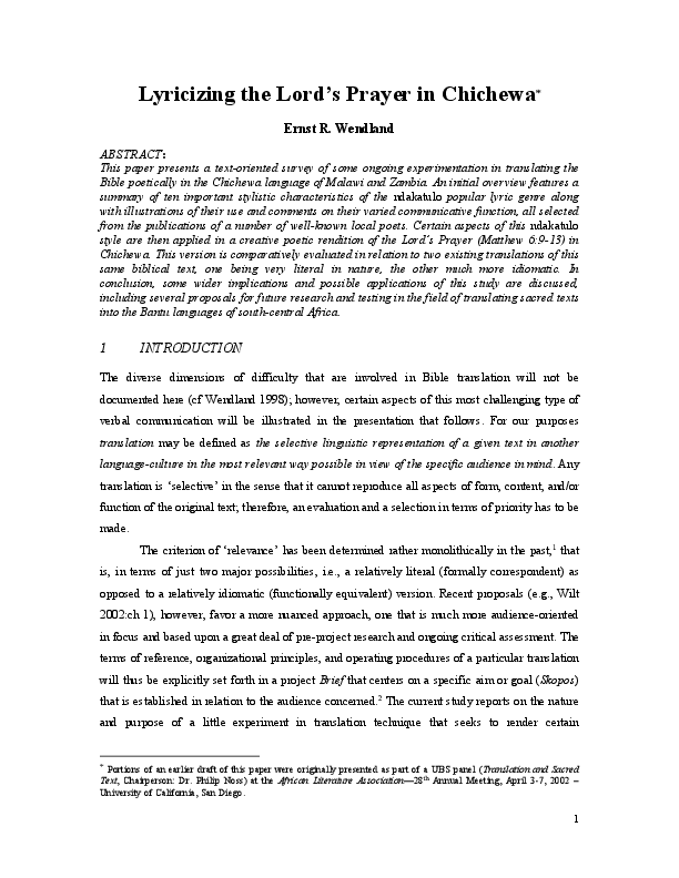 (PDF) Lyricizing the Lord's Prayer in Chichewa ERNST WENDLAND