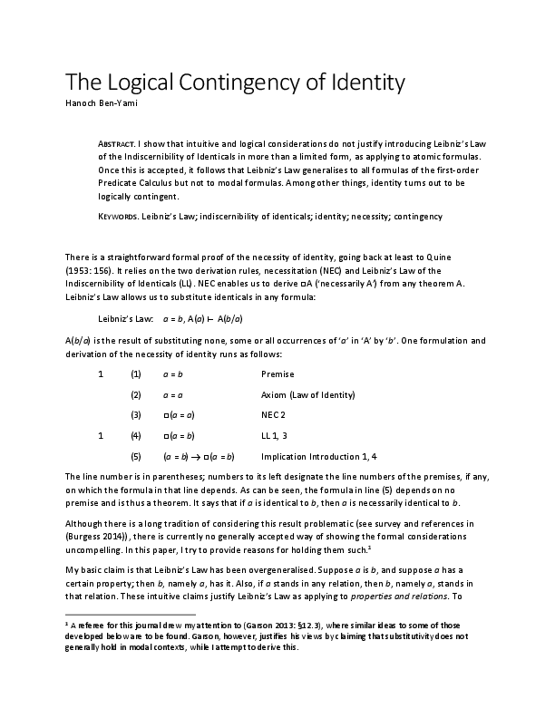 (PDF) The Logical Contingency of Identity Hanoch BenYami Academia.edu