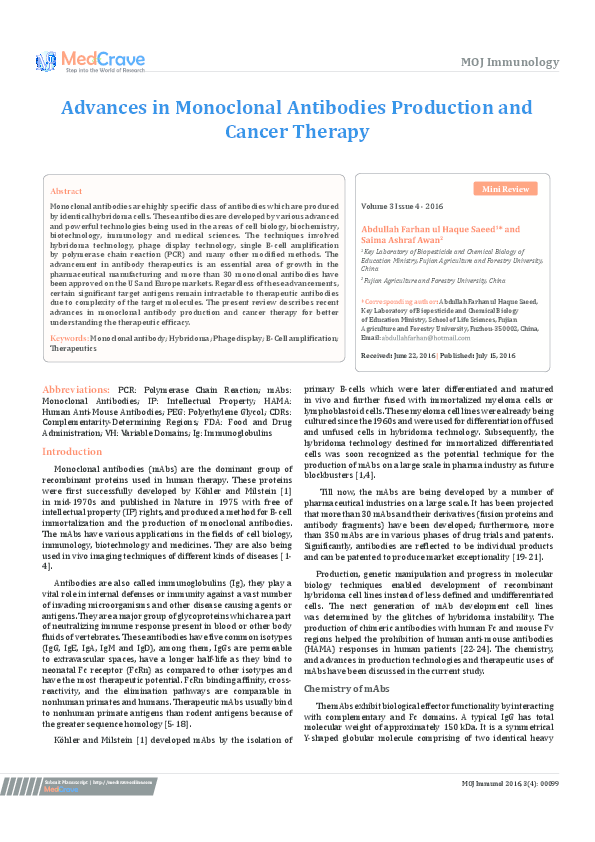 (PDF) Advances in Monoclonal Antibodies Production and Cancer Therapy
