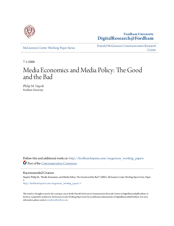 (PDF) Media Economics and Media Policy The Good and the Bad Philip