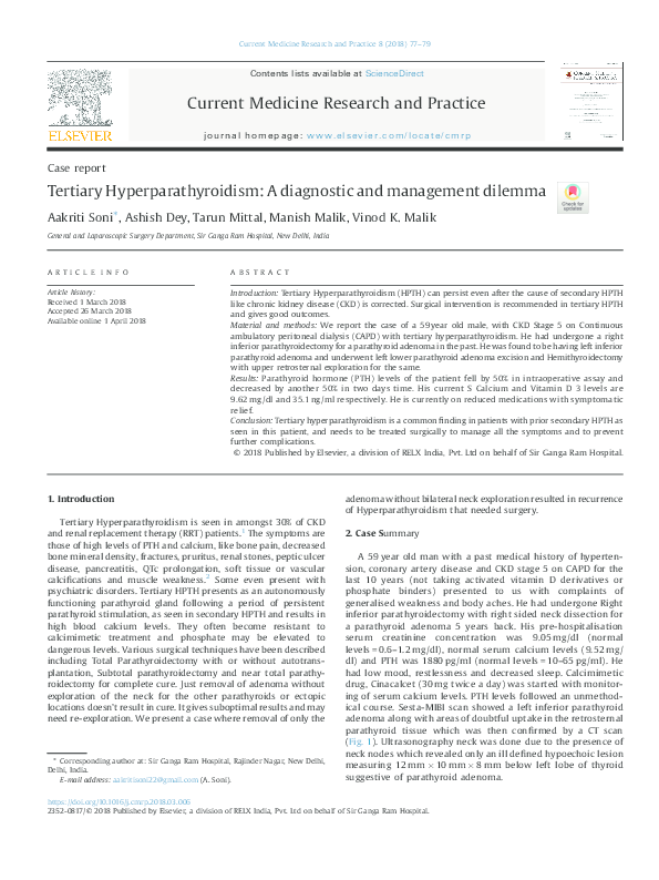 (PDF) Tertiary Hyperparathyroidism: A diagnostic and management dilemma