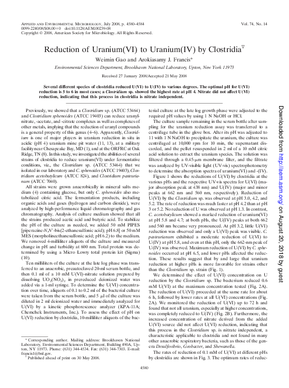 (PDF) Reduction of Uranium(VI) to Uranium(IV) by Clostridia