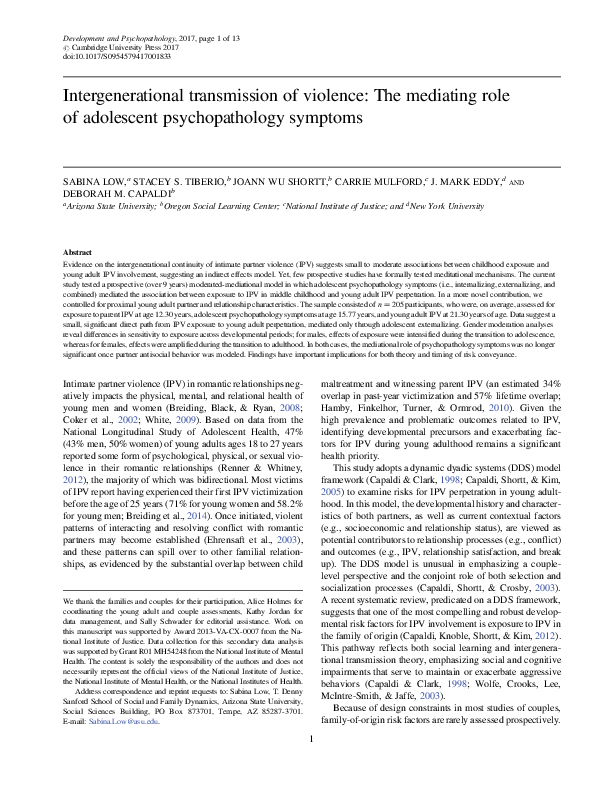 (PDF) Intergenerational transmission of violence: The mediating role of ...