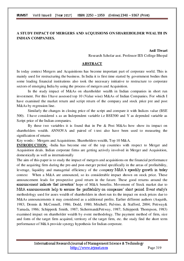 (PDF) A STUDY IMPACT OF MERGERS AND ACQUISIONS ON SHAREHOLDER WEALTH IN ...