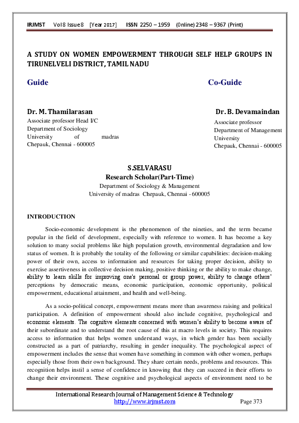 (PDF) A STUDY ON WOMEN EMPOWERMENT THROUGH SELF HELP GROUPS IN ...