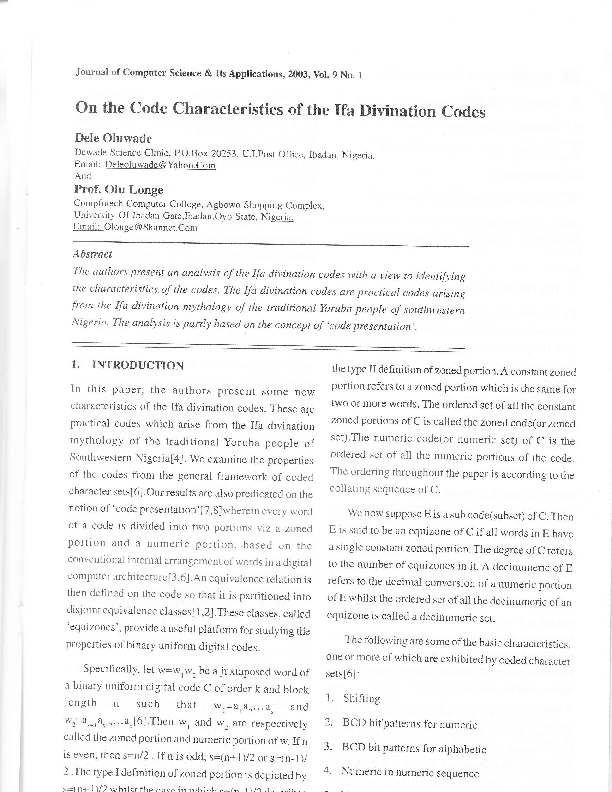 (PDF) On the Code Characteristics of the Ifa Divination Codes